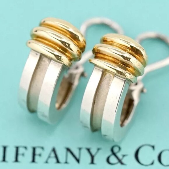 Tiffany & Co. Atlas Hoop Clips Clip-On Earrings Silver 925 & 18k Gold 750 w/Bag - Picture 1 of 16
